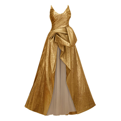 Adina Gold Parlak Asimetrik Dantelli Elbise