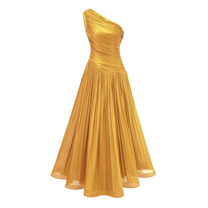 Emerald Gold One Shoulder Ruched Maxi Dress