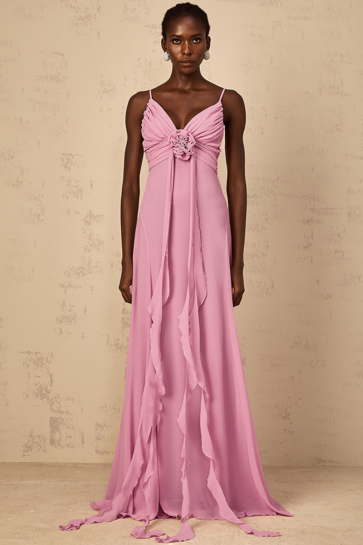 Ysandre Gül-Pembe 3D Petal Tül Maxi Elbise
