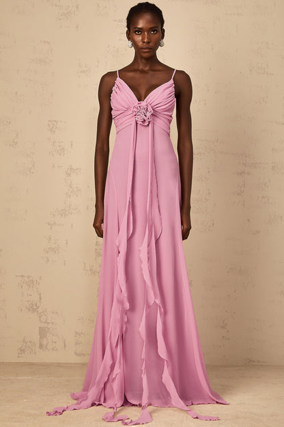 Ysandre Gül-Pembe 3D Petal Tül Maxi Elbise