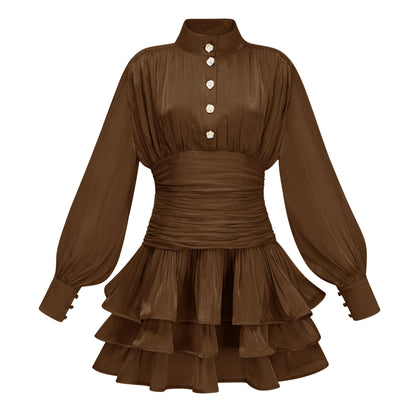 Emersyn Brown High-Neck Ruffled Detail Mini Dress