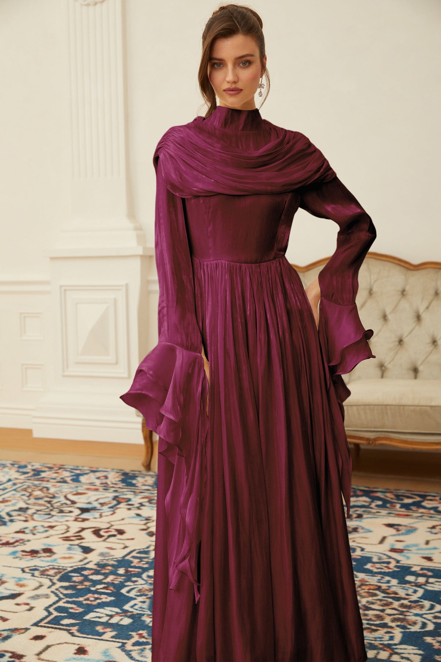 Danuta Burgundy Ruched Pleated Maxi Dress