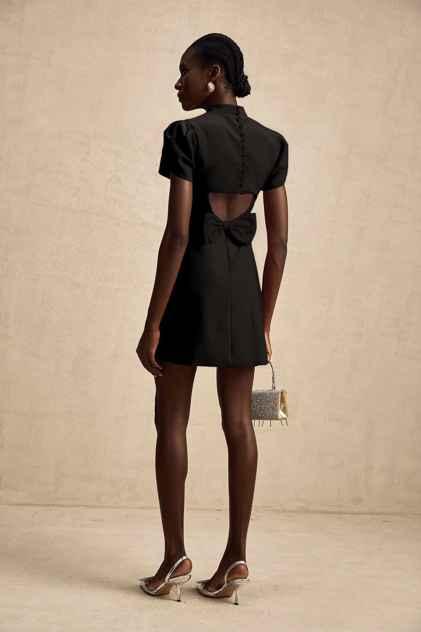 Anna Black Petal-Sleeve Cut-Out Bow Mini Dress