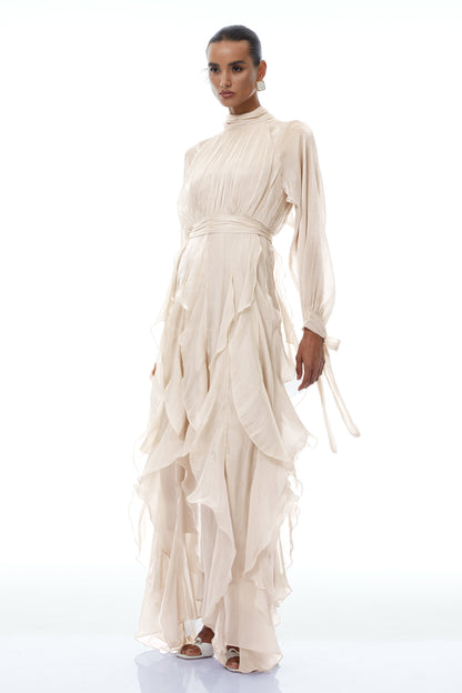 Zélie Neutral Glossy Pleated Ruffled Maxi dress