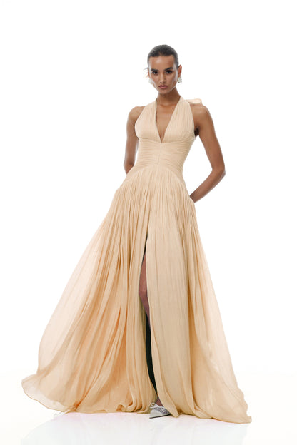 Térébenthine Neutral Glossy Gathered Maxi Dress