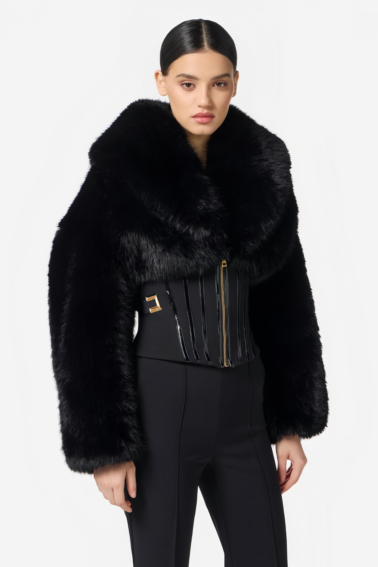 Alberta Black Faux-Fur Corset Panel Jacket
