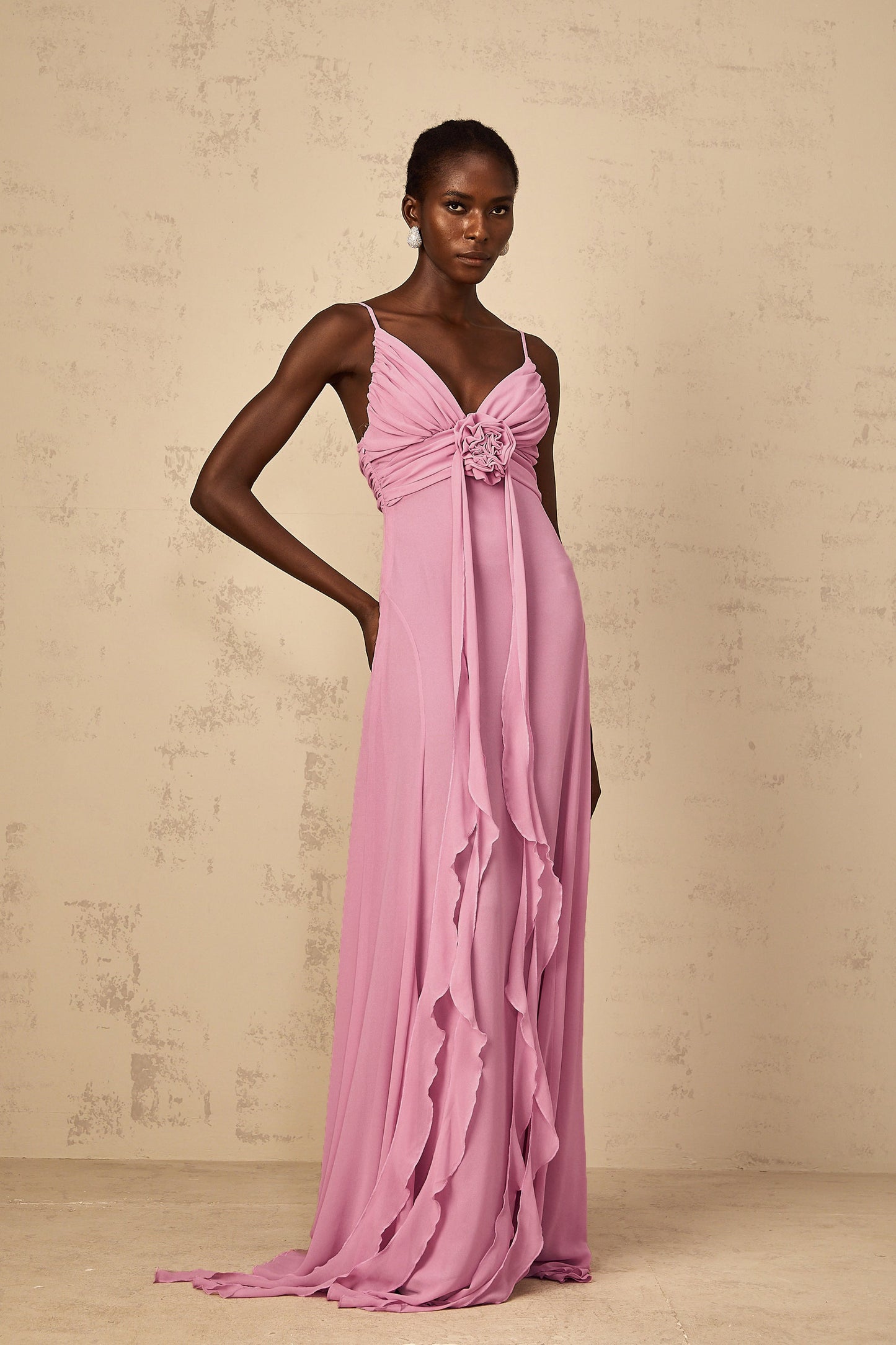 Ysandre Gül-Pembe 3D Petal Tül Maxi Elbise