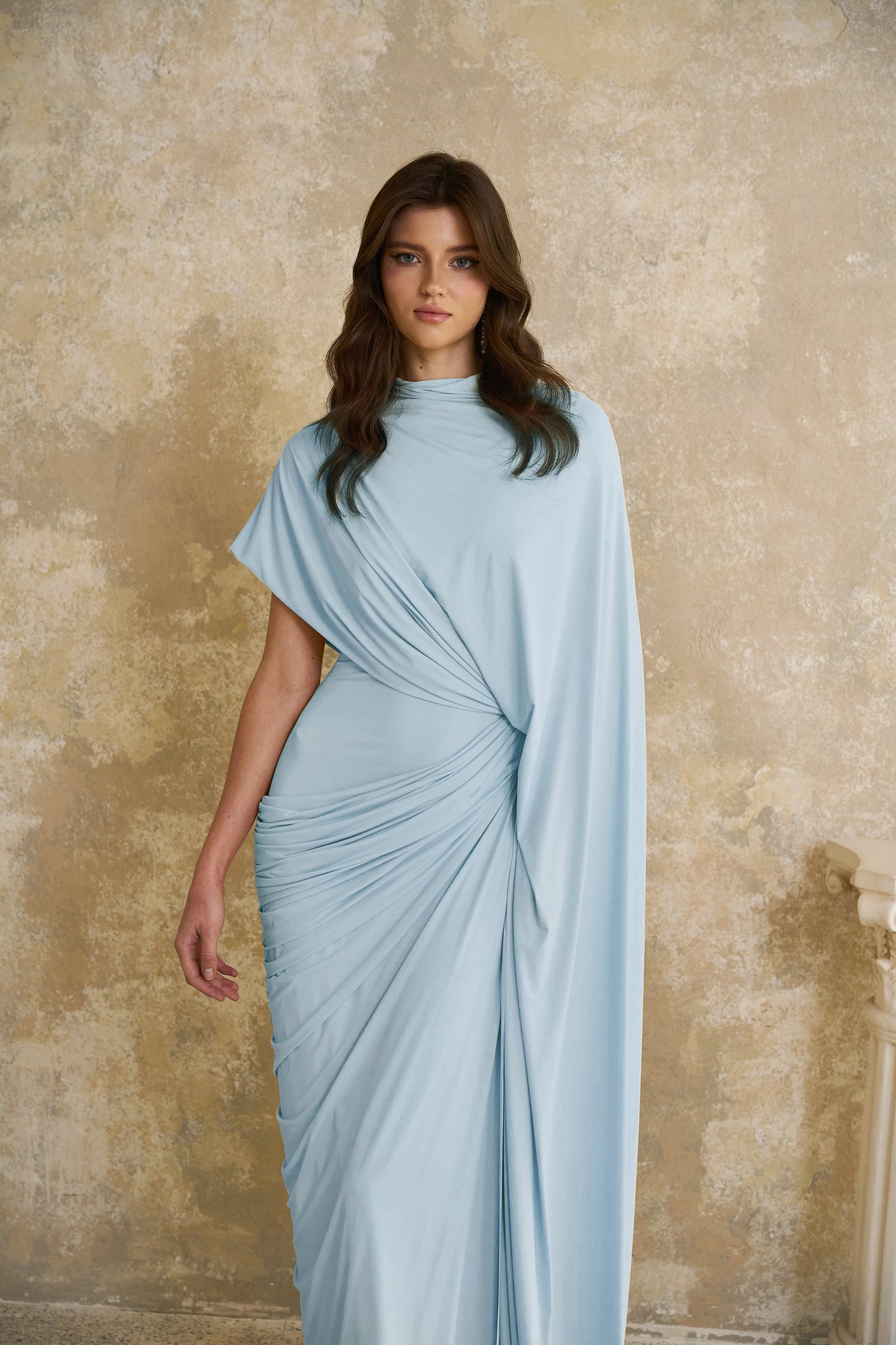 Fenella Blue Asymmetrical Draped Cape & Dress Matching Set