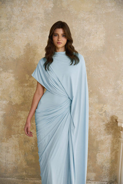 Fenella Blue Asymmetrical Draped Cape & Dress Matching Set
