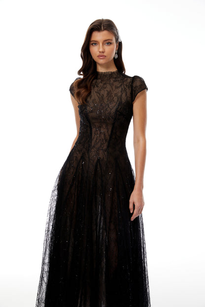 Velia Black Lace Glitter Tulle Maxi Gown
