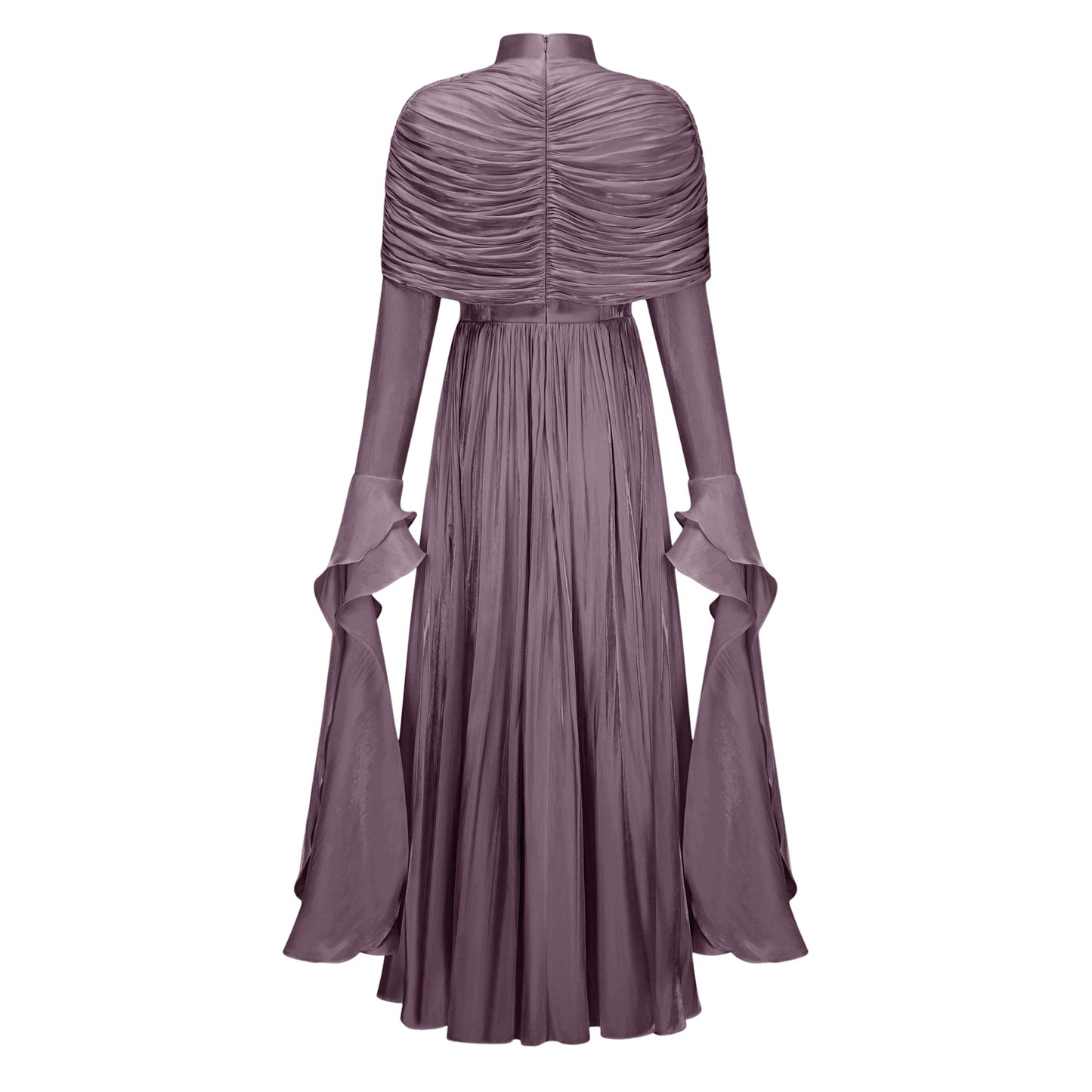 Gustave Purple Ruched Cape Ruffled Maxi Dress