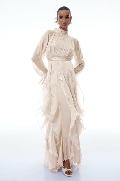 Zélie Neutral Glossy Pleated Ruffled Maxi dress