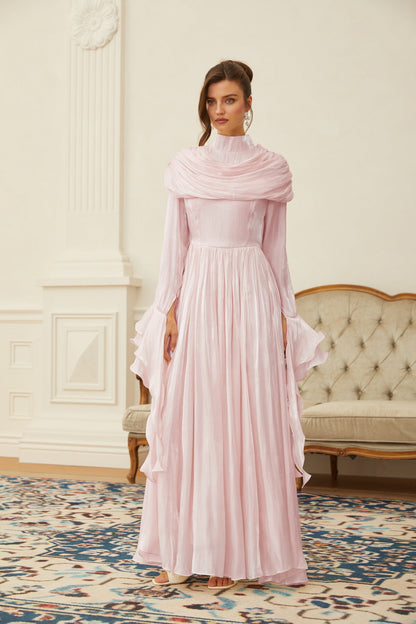 Danuta Pembe Dantelli Pileli Maxi Elbise