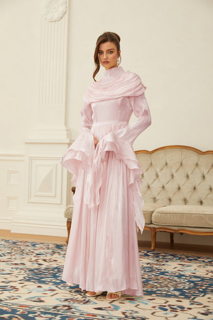 Danuta Pembe Dantelli Pileli Maxi Elbise