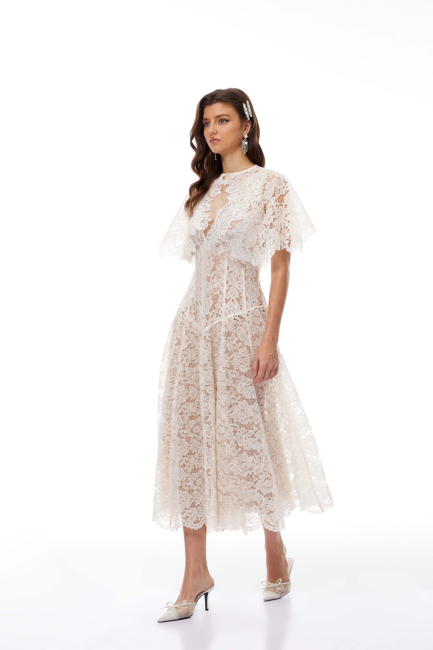Alaia White Cape Design Floral Lace Midi Dress