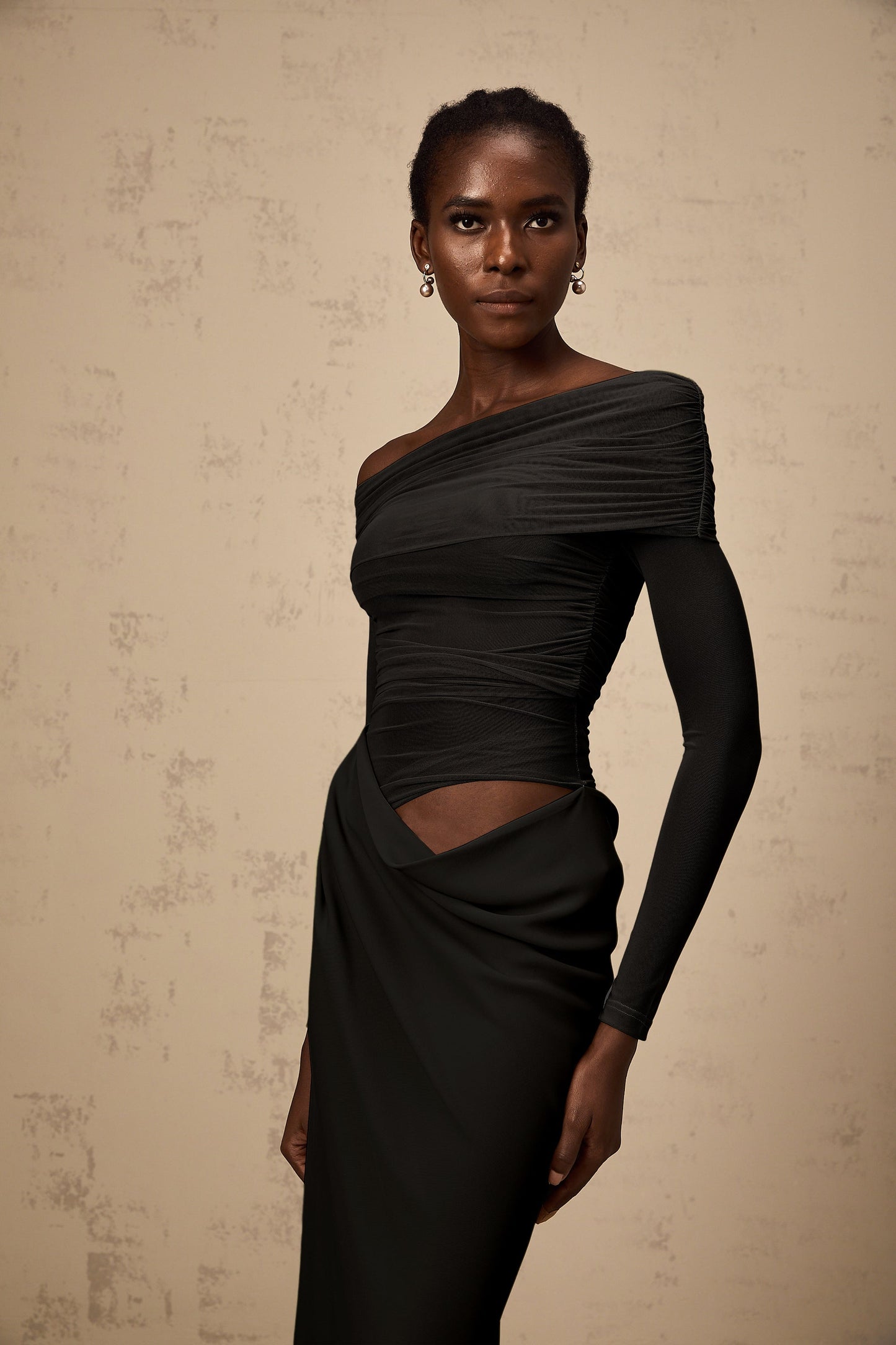 Estelle off-shoulder semi-sheer midi dress in Black