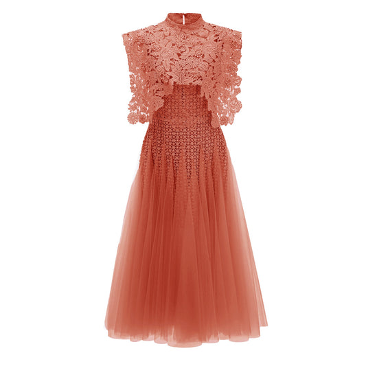 Margaret Orange Floral Crochet Midi Dress