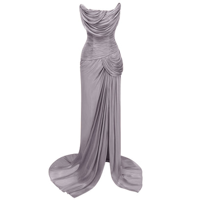 Gelsomina Grey Asymmetrical Glossy Gathered Maxi Dress