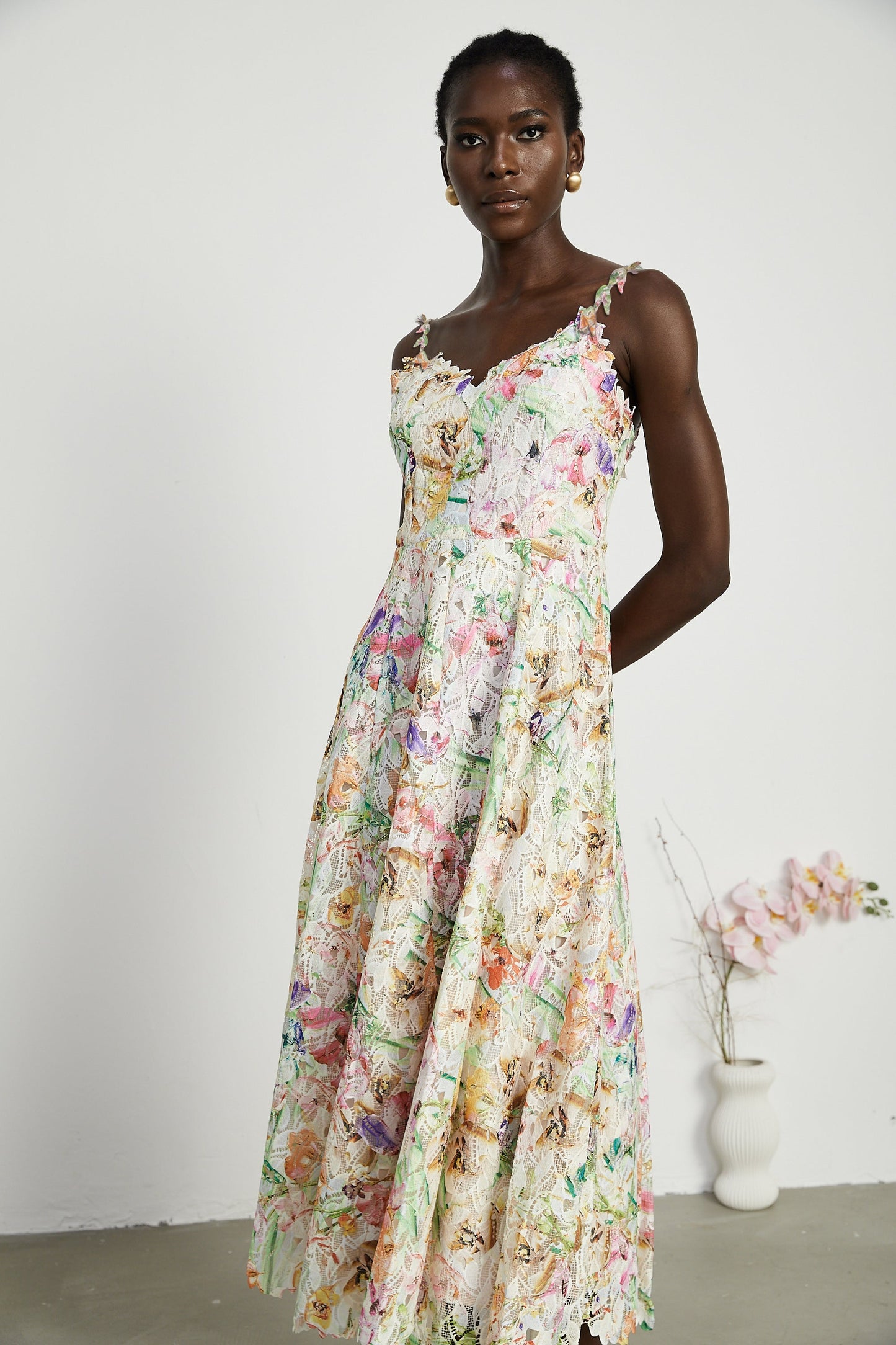 Enora Lace Floral Embroidered Midi Dress
