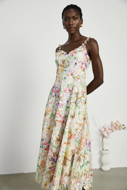 Enora Lace Floral Embroidered Midi Dress