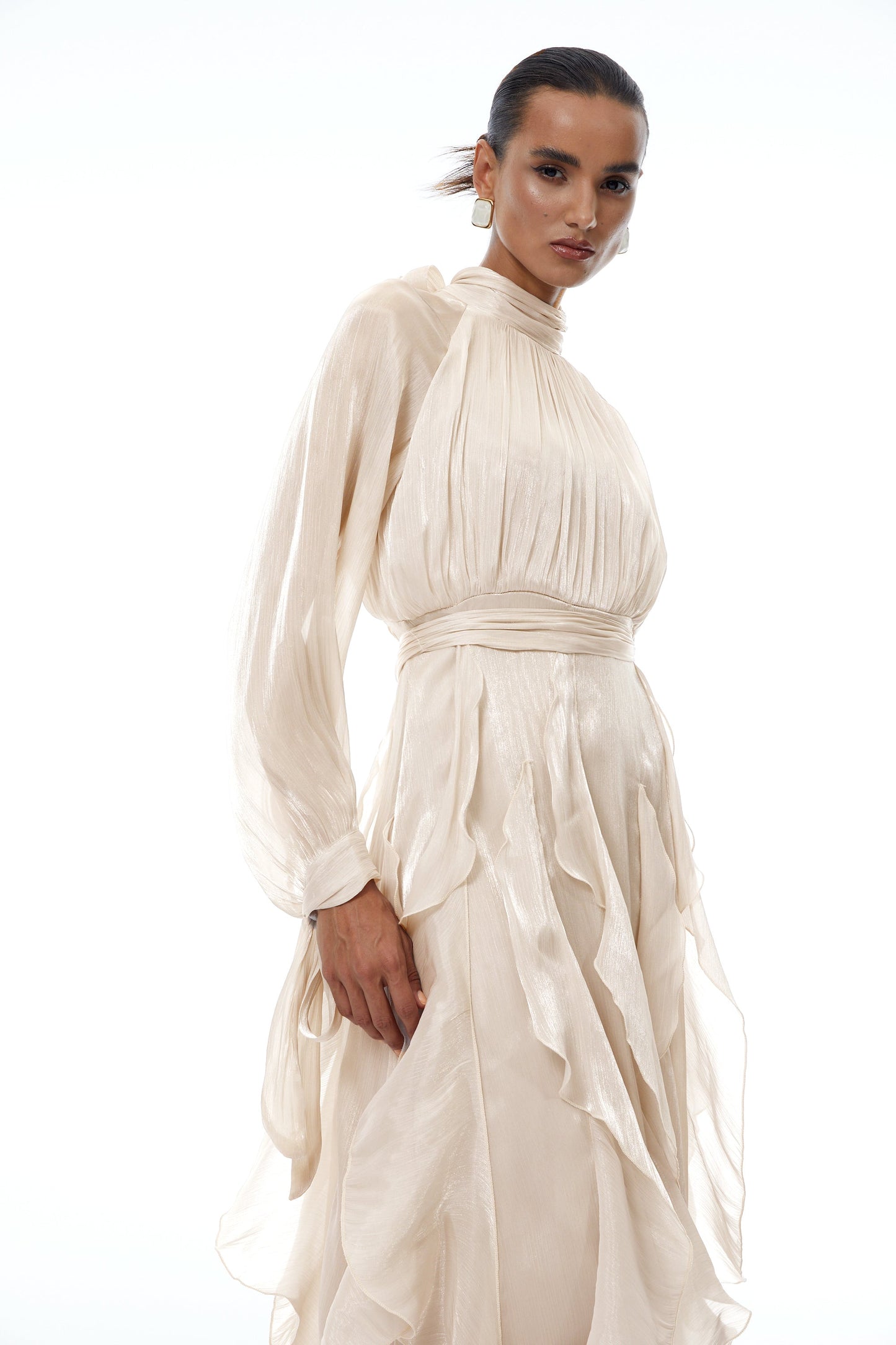 Zélie Neutral Glossy Pleated Ruffled Maxi dress