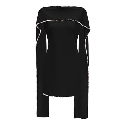 Piroska Black Sleeveless Pearl Trim Mini Dress