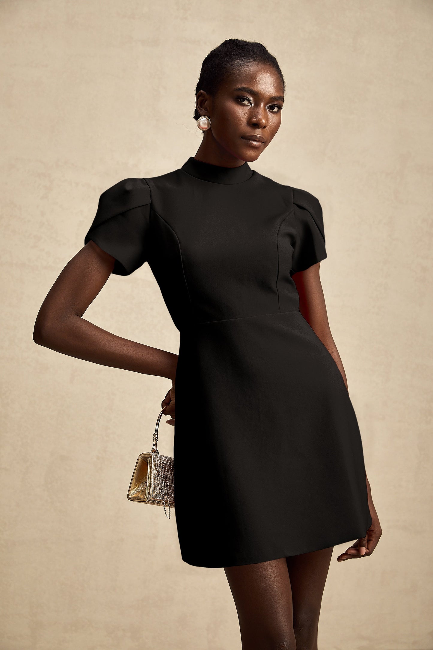 Anna Black Petal-Sleeve Cut-Out Bow Mini Dress