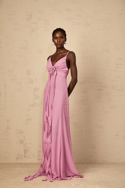 Ysandre Gül-Pembe 3D Petal Tül Maxi Elbise
