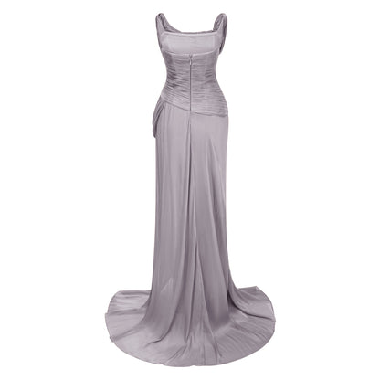 Gelsomina Grey Asymmetrical Glossy Gathered Maxi Dress