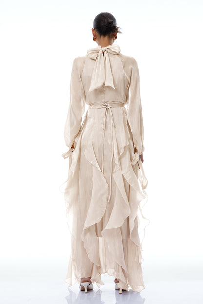Zélie Neutral Glossy Pleated Ruffled Maxi dress