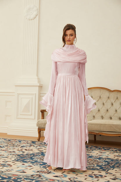 Danuta Pembe Dantelli Pileli Maxi Elbise