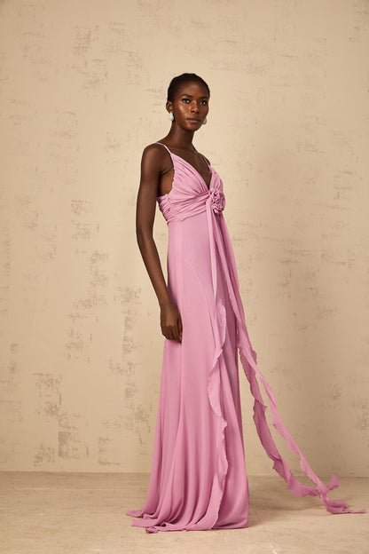 Ysandre Gül-Pembe 3D Petal Tül Maxi Elbise