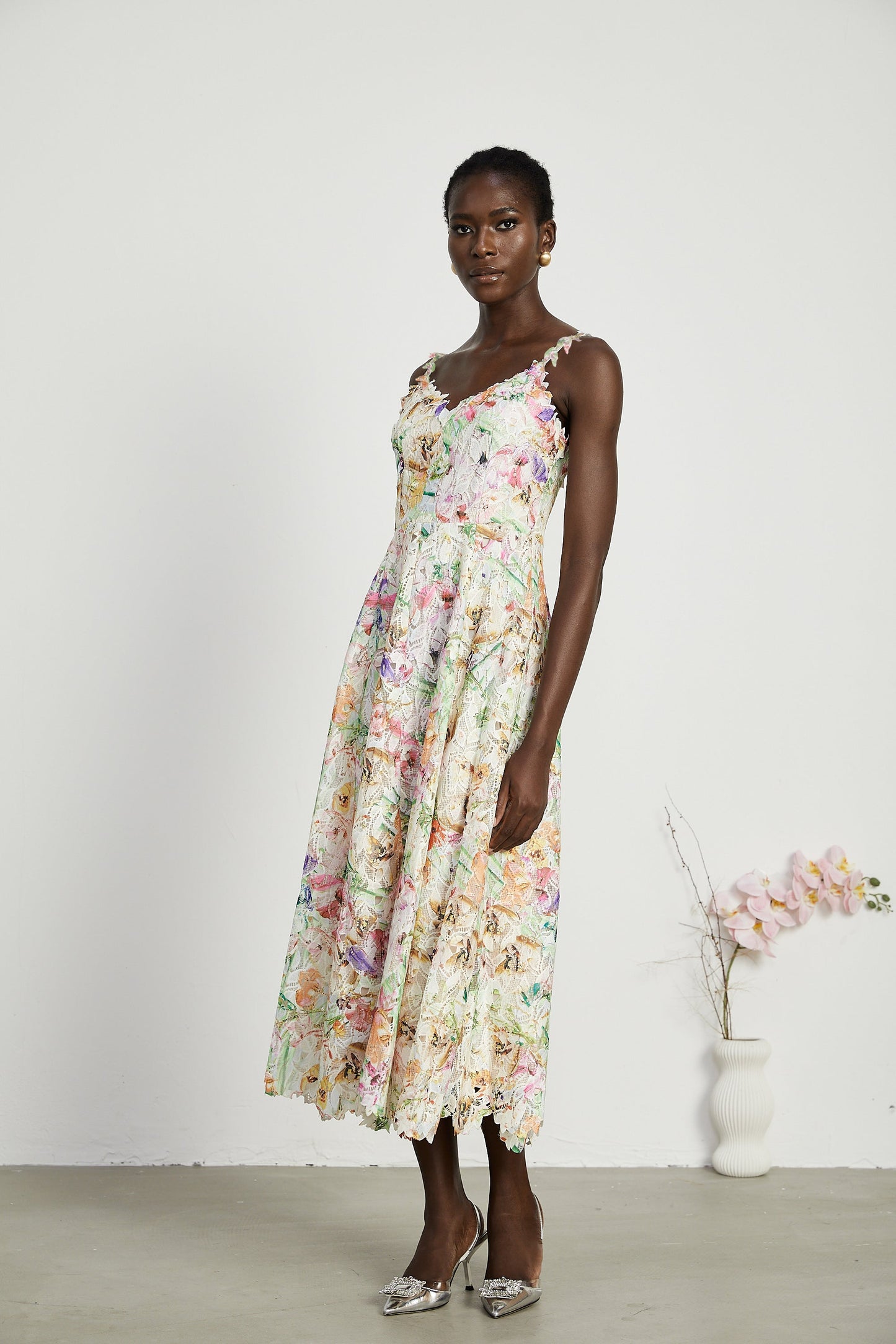 Enora Lace Floral Embroidered Midi Dress
