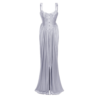 Nicoletta Silver Parlak Büzgülü Korse Uzun Elbise