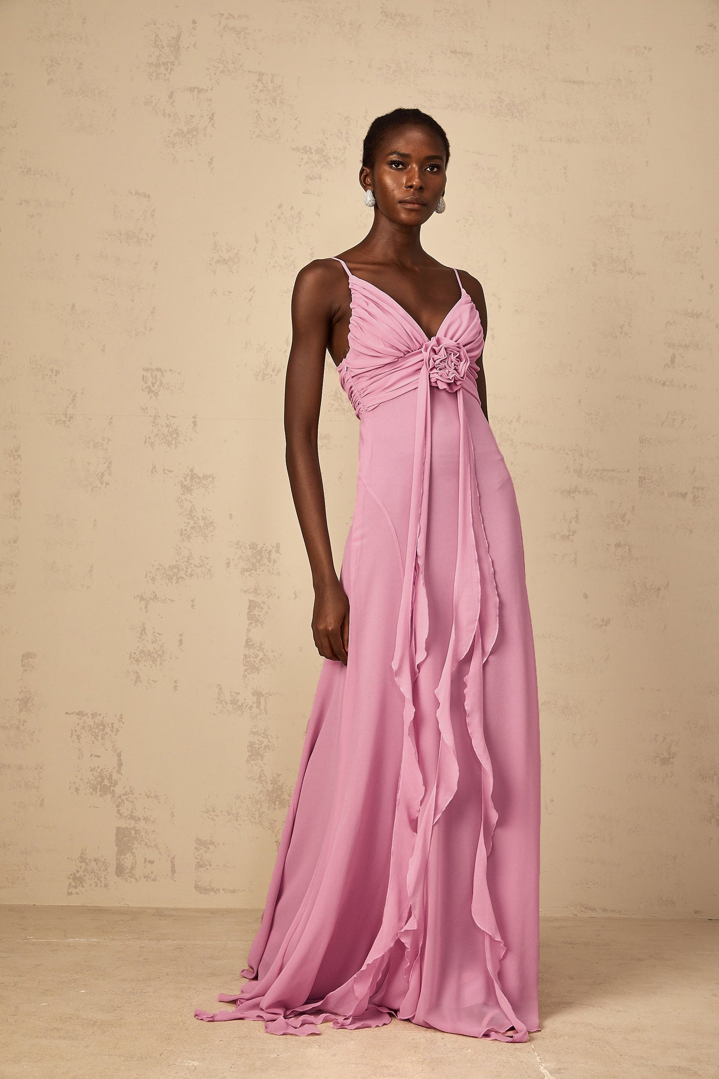 Ysandre Gül-Pembe 3D Petal Tül Maxi Elbise