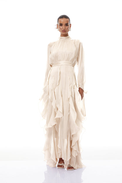 Zélie Neutral Glossy Pleated Ruffled Maxi dress