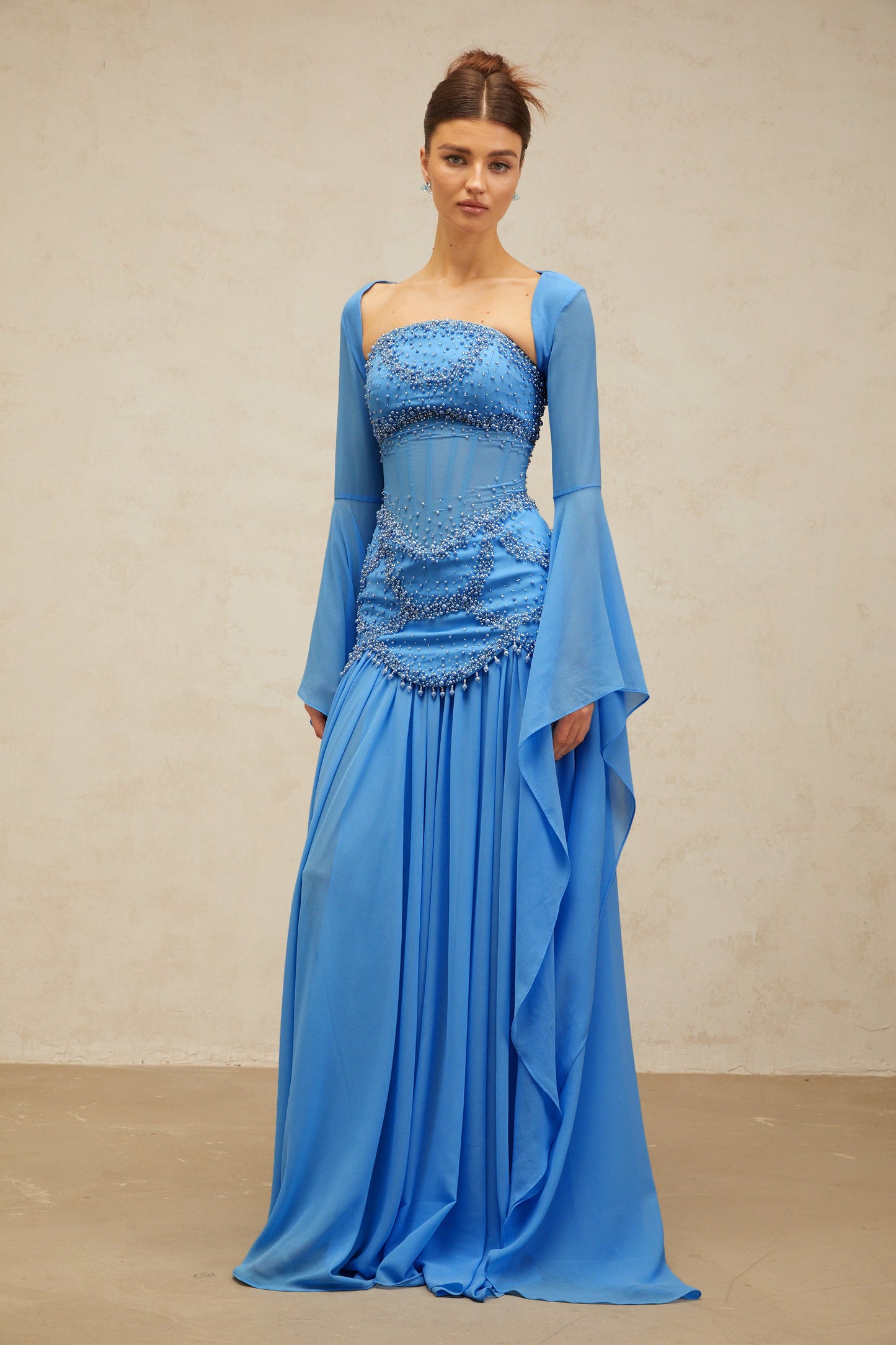 Gaëlle Blue Faux-pearl-embellished Pleated Maxi Dress