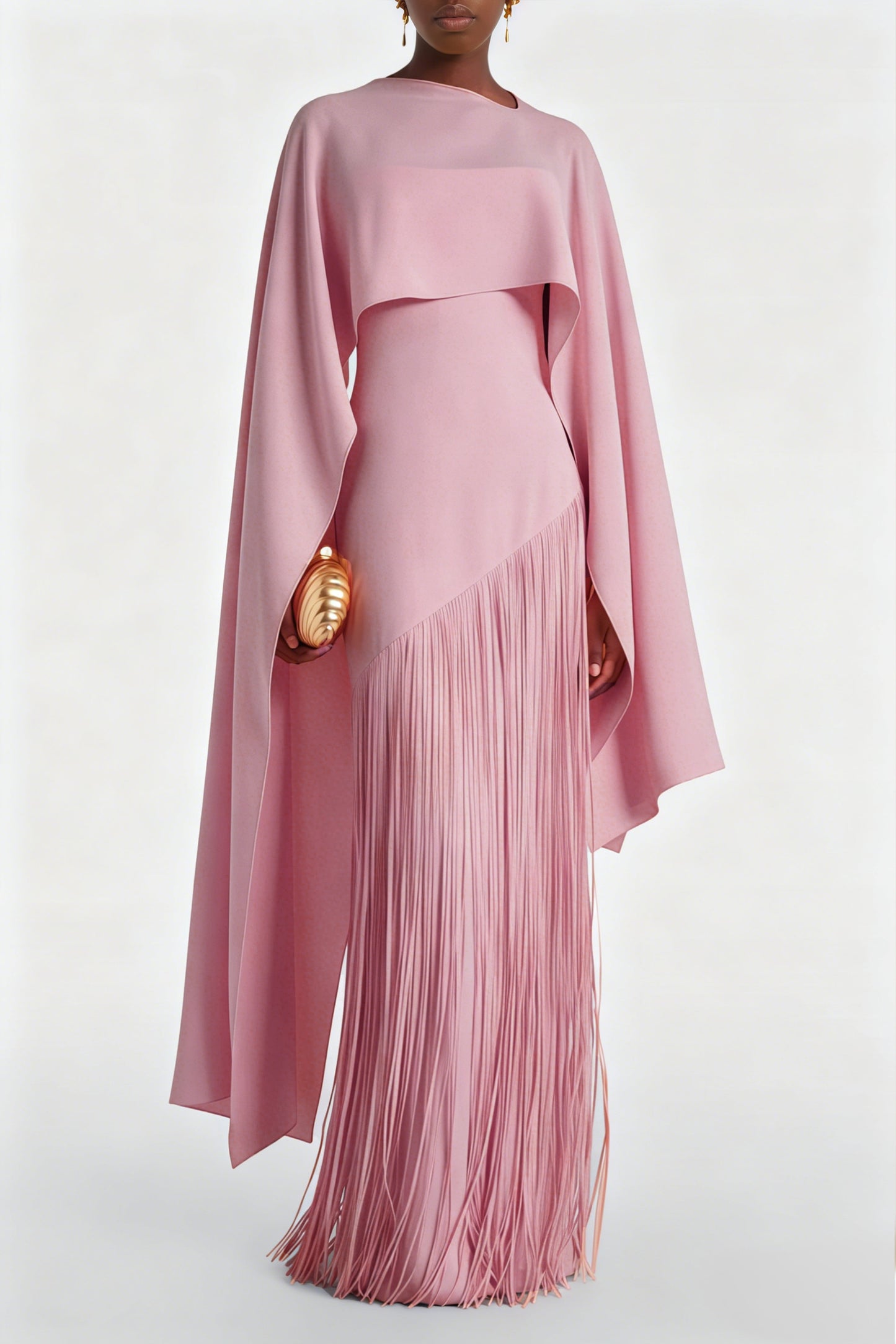 Cayetana Pink Fringe Maxi Dress with Cape Effect