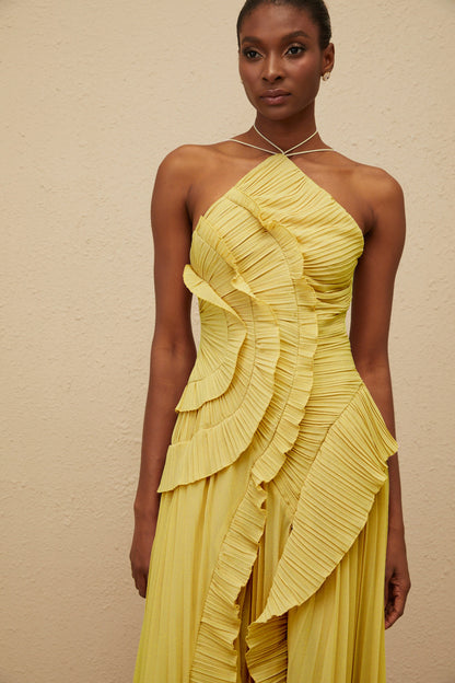 Doux Yellow Ruffled Trim Pleated Midi Dress