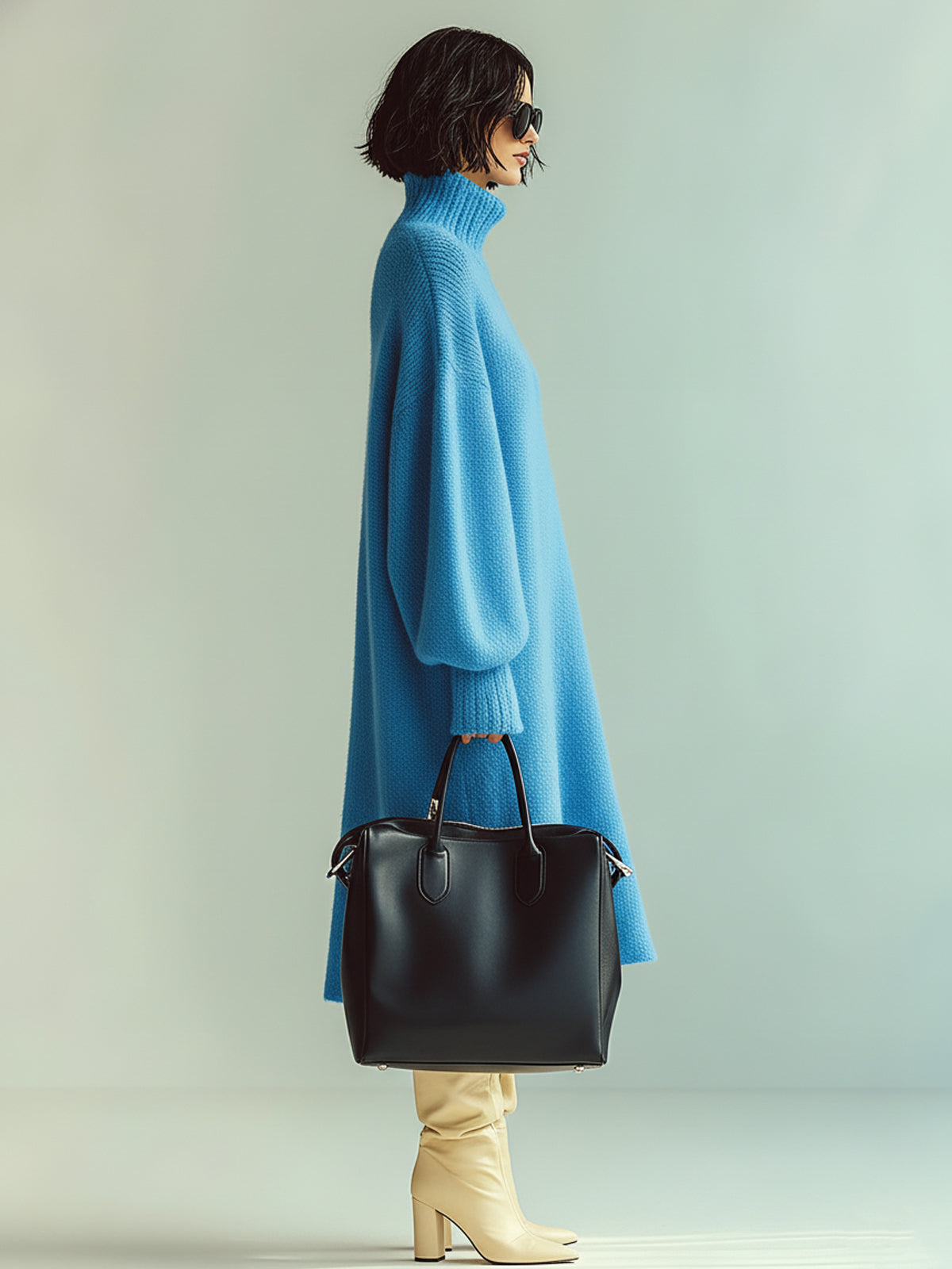 Noeva Paris Chic Casual Mavi Balıkçı Yaka Oversize Uzun Kollu Örgü Midi Elbise
