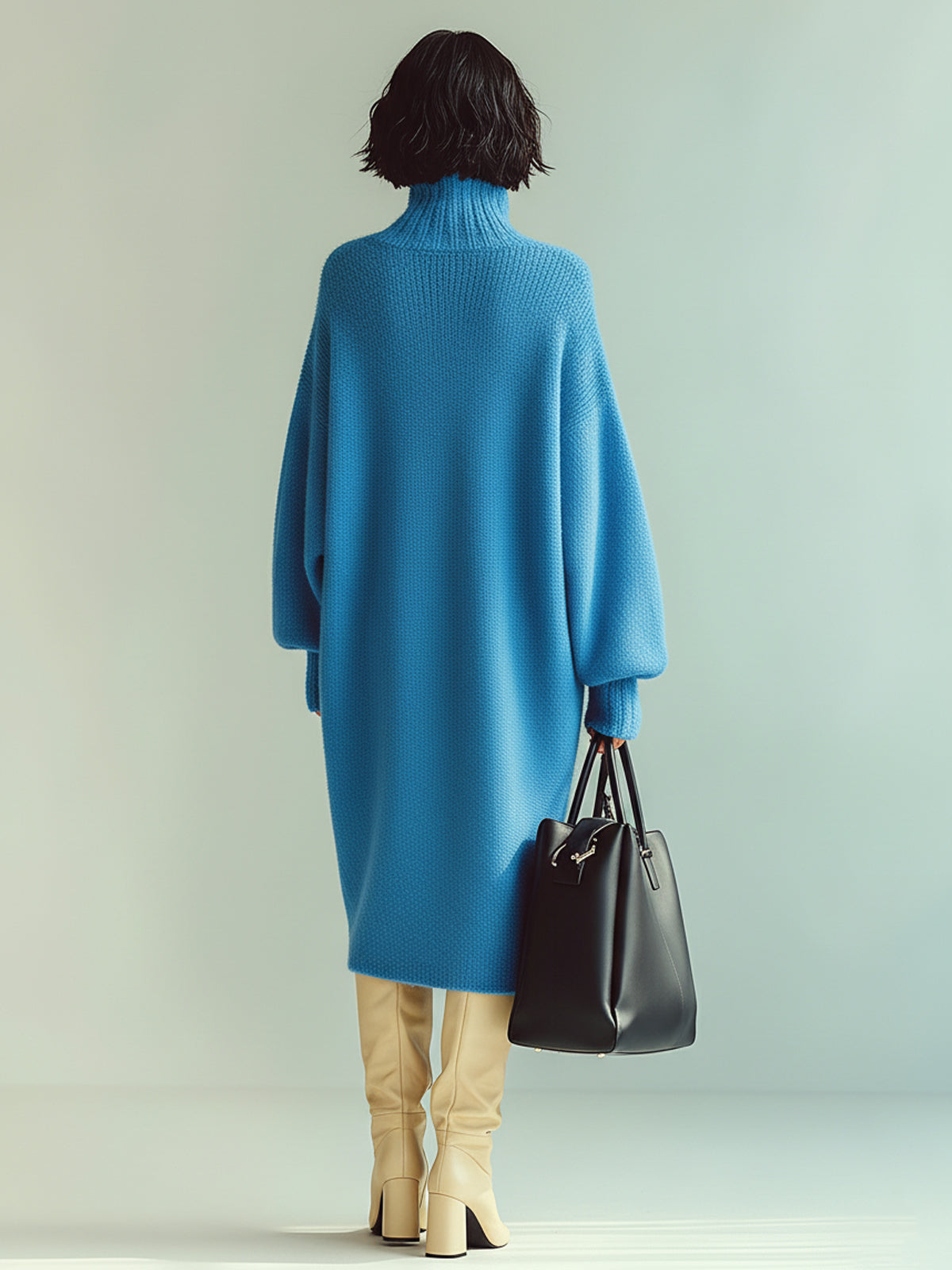Noeva Paris Chic Casual Mavi Balıkçı Yaka Oversize Uzun Kollu Örgü Midi Elbise