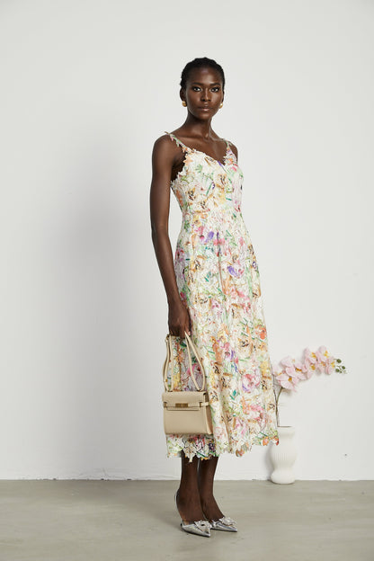 Enora Lace Floral Embroidered Midi Dress