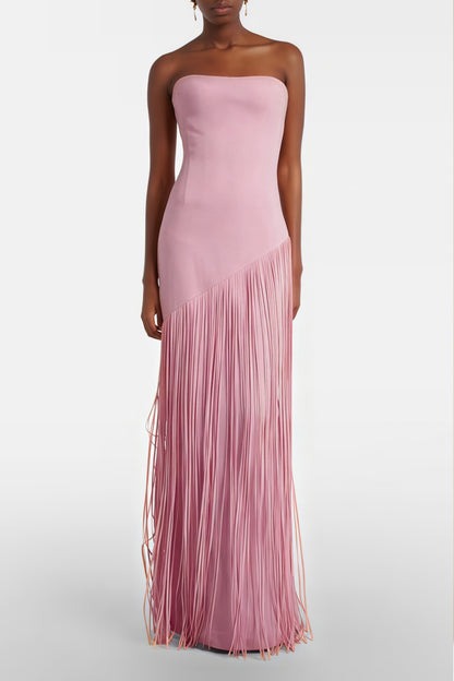 Cayetana Pink Fringe Maxi Dress with Cape Effect