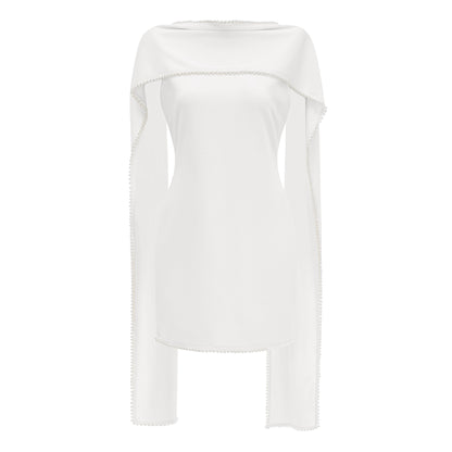 Piroska White Sleeveless Pearl Trim Mini Dress