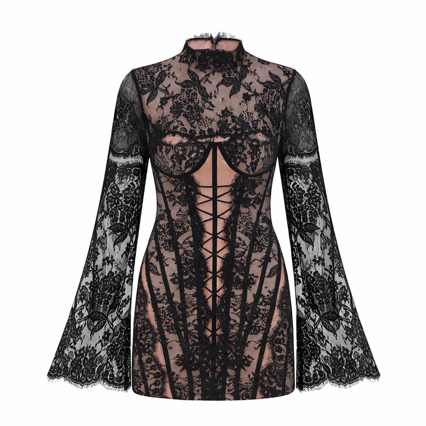 Bulelwa Black Semi-Sheer Floral Lace Mini Dress
