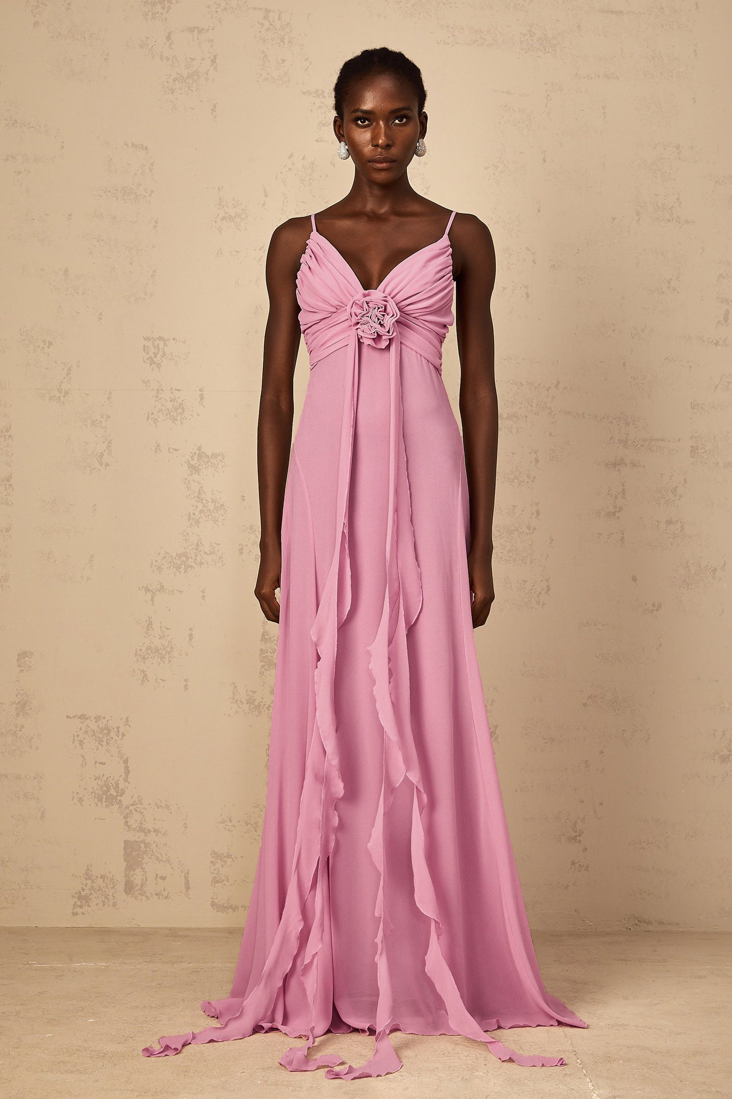 Ysandre Gül-Pembe 3D Petal Tül Maxi Elbise