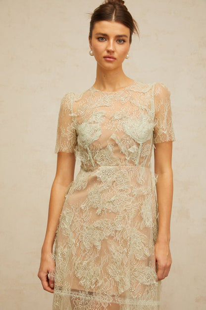 Xaviera mint-green floral-lace midi dress