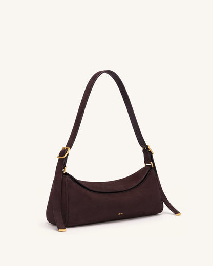 Elowen Faux Suede East-West Shoulder Bag - Dark Brown