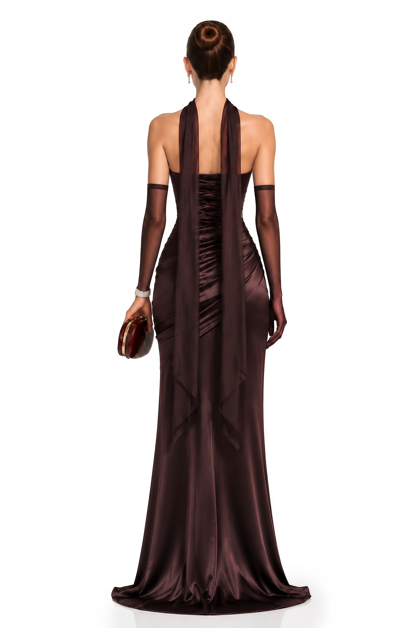 Marilou Brown Ruched Satin Maxi Dress