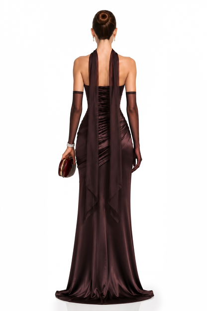 Marilou Brown Ruched Satin Maxi Dress